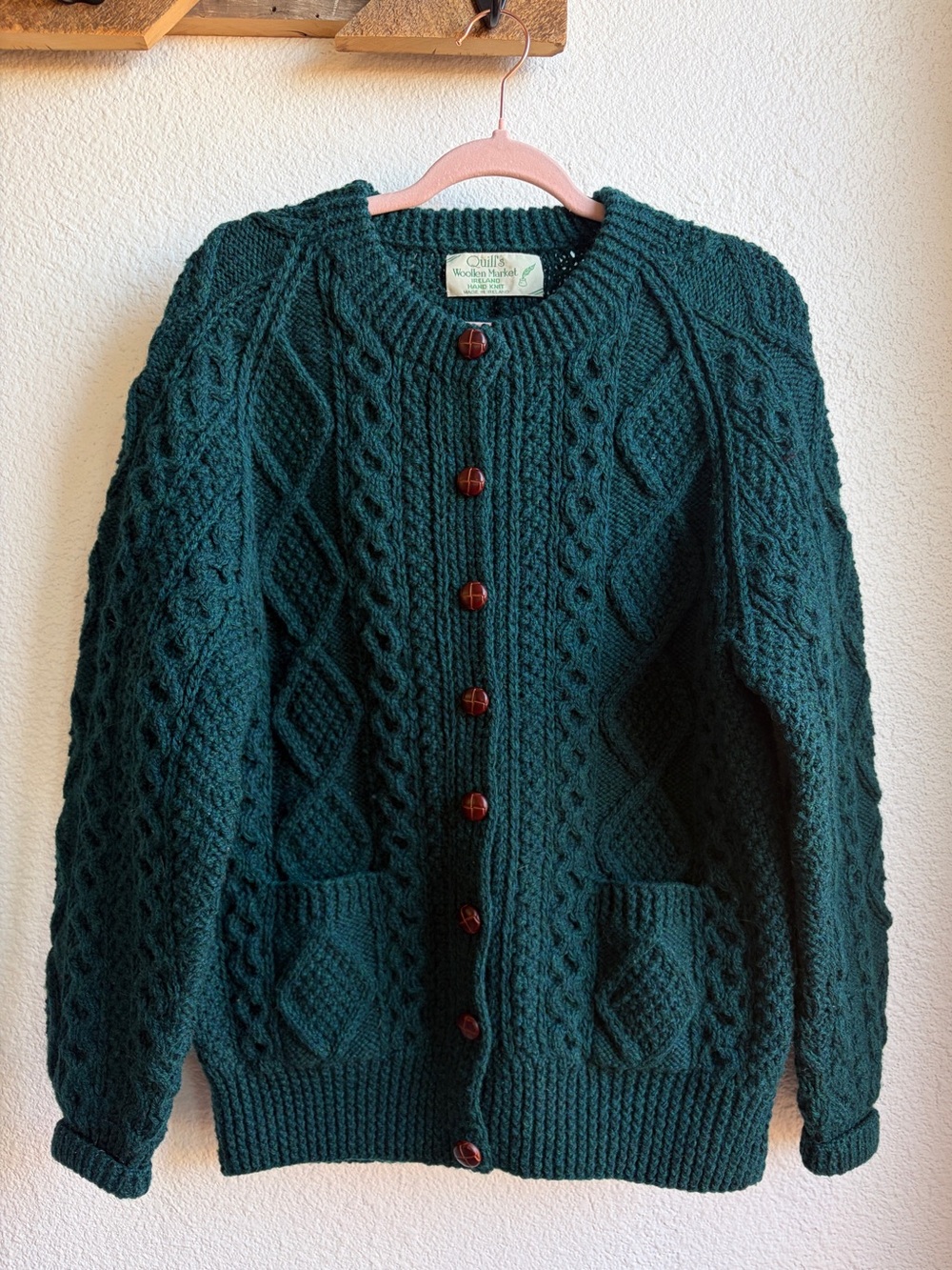 Vintage Quill’s Woolen Market Hand Knit Green Fisherman Cardigan MD LG